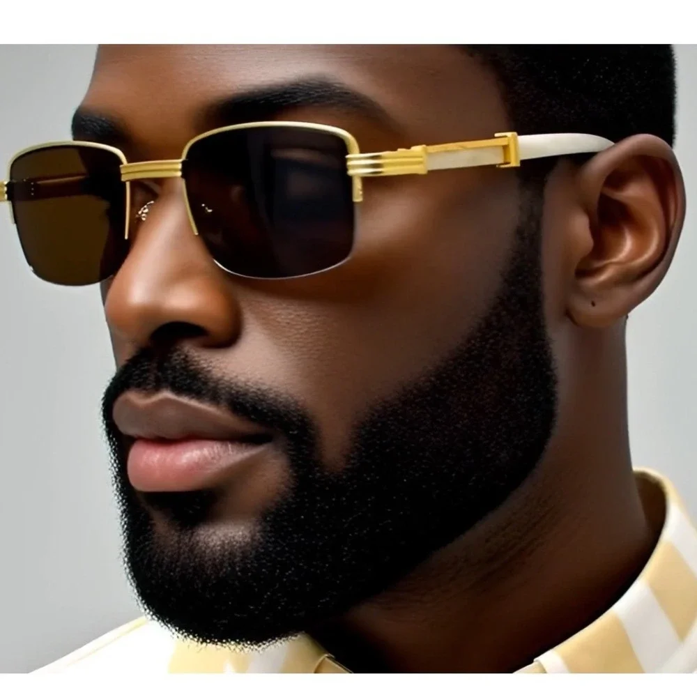 Gold Frame Sunglasses Brown Lens Rectangle Fashion Hip Hop Style Retro 80's 90's